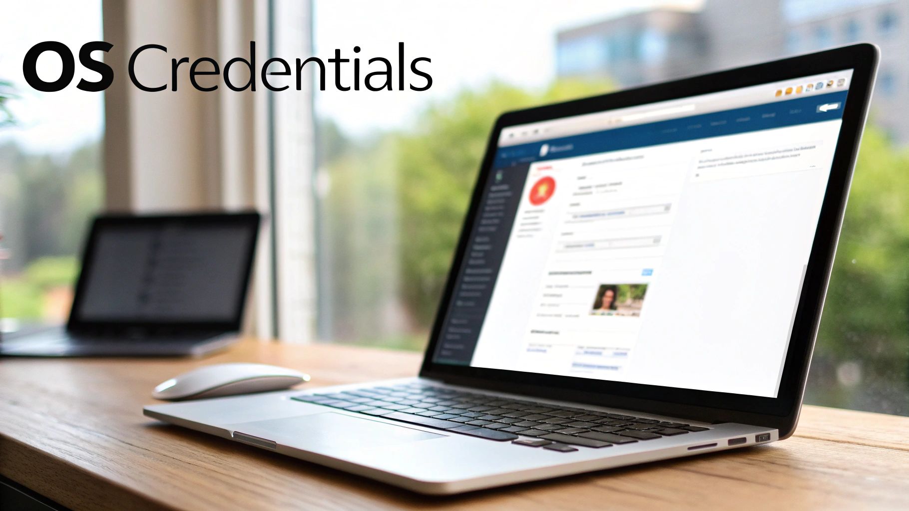 A laptop displaying a screen with an 'OS Credentials' management interface on a wooden desk with a mouse.