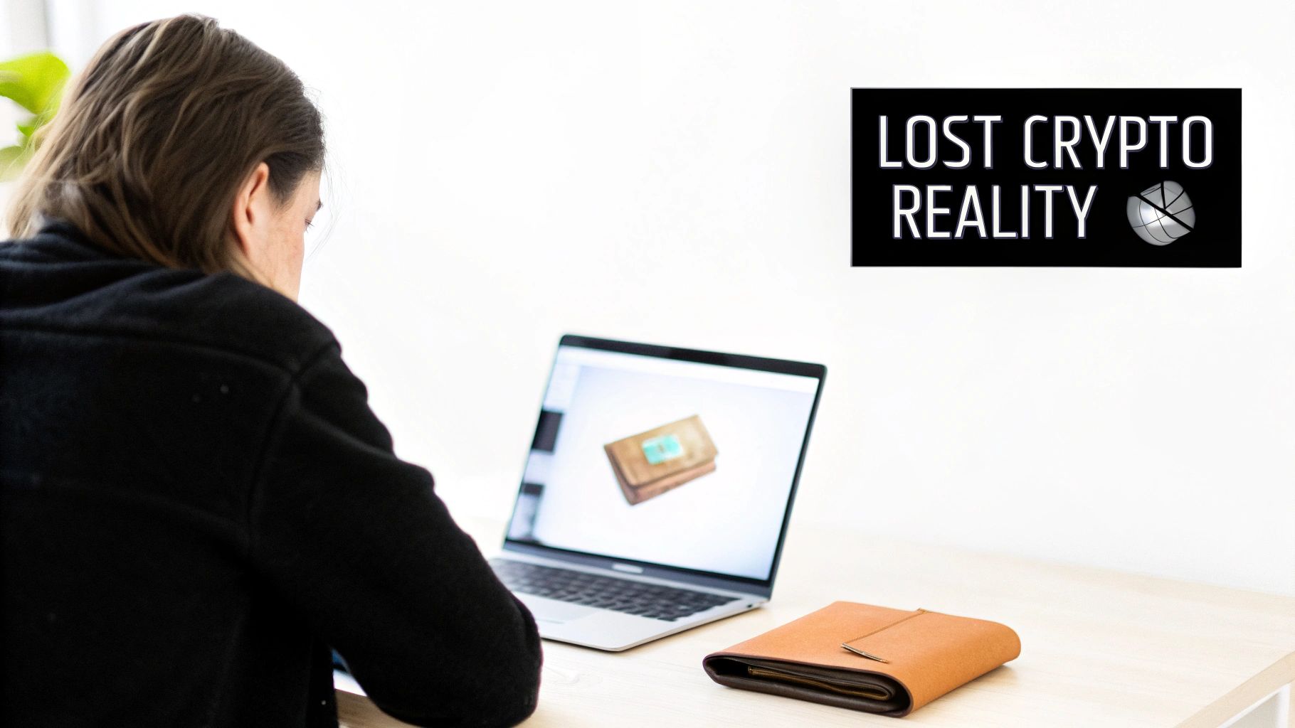 A person looking thoughtfully at a digital representation of a crypto wallet, symbolizing the process of recovery.