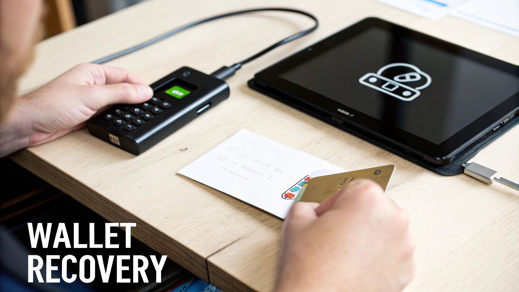 A person recovering a cryptocurrency wallet using a hardware device, a tablet, and a recovery phrase.