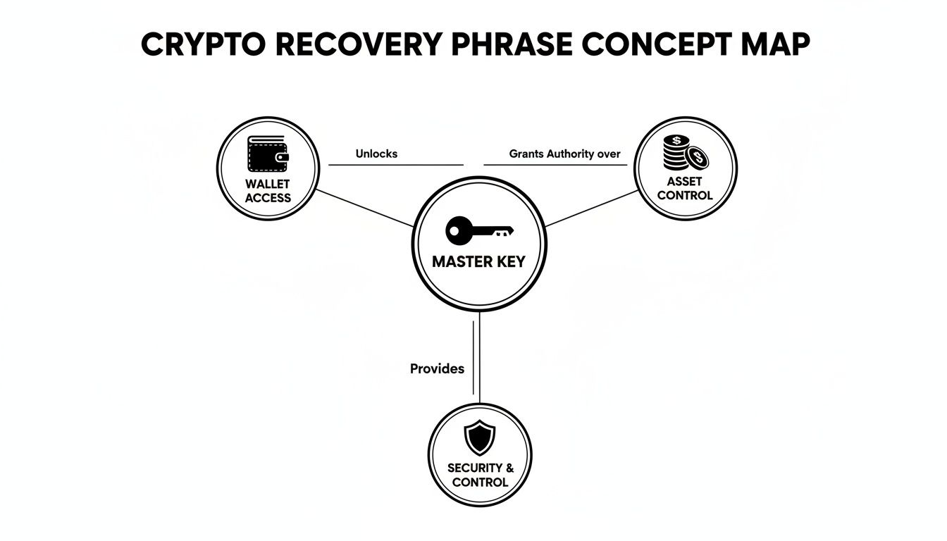 Concept map showing a master key for crypto, providing wallet access, asset control, and security.