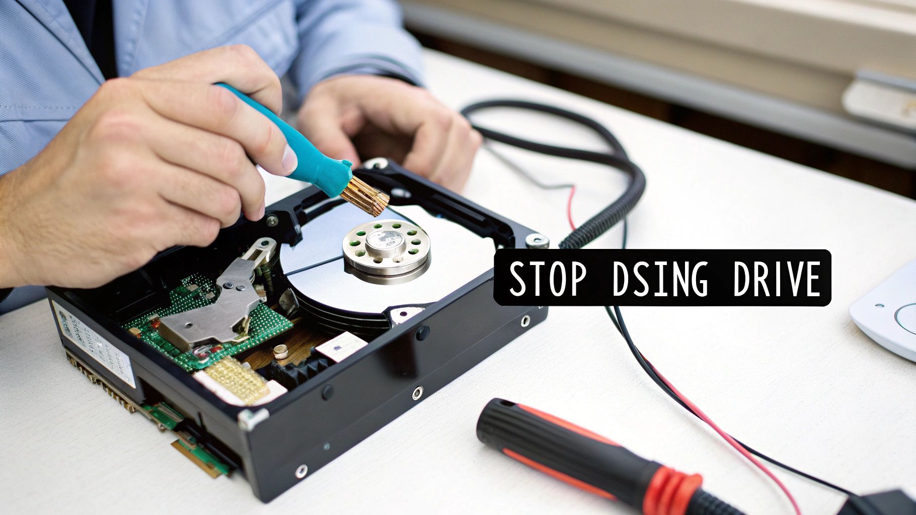 Close-up of a person's hands repairing an open hard disk drive with a specialized tool.
