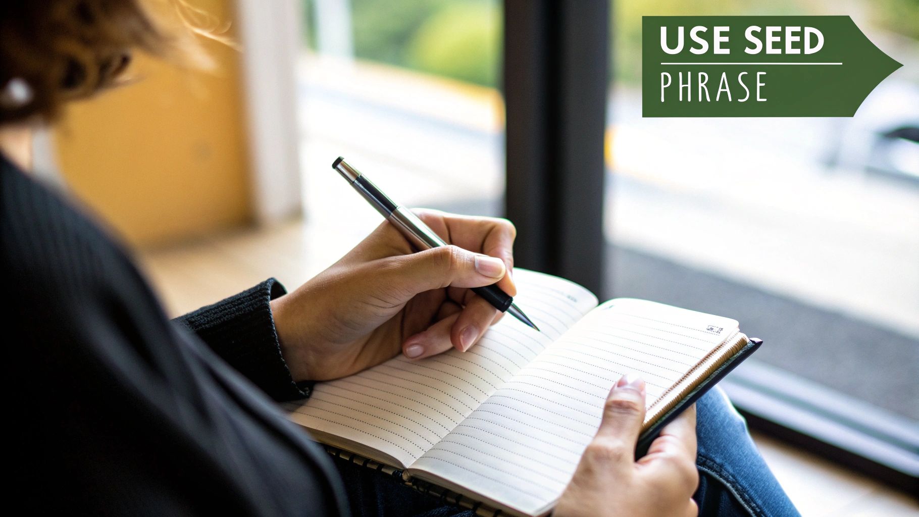 A hand holding a piece of paper with a twelve-word seed phrase, representing the key to crypto wallet recovery.