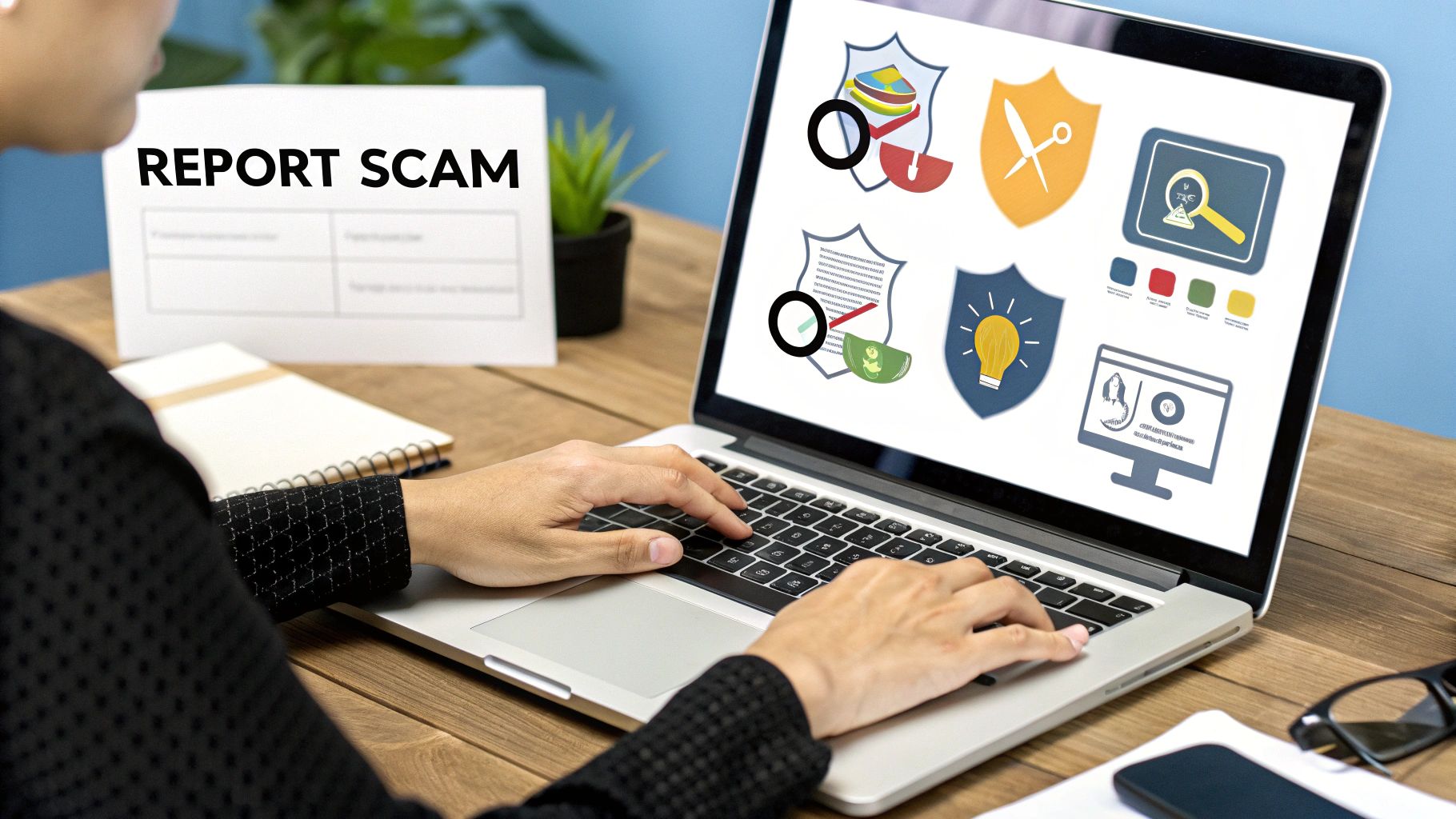 A close-up shot of hands filling out an official-looking report form on a desk, with a laptop showing a crypto wallet interface in the blurred background, signifying the act of reporting a crypto scam.