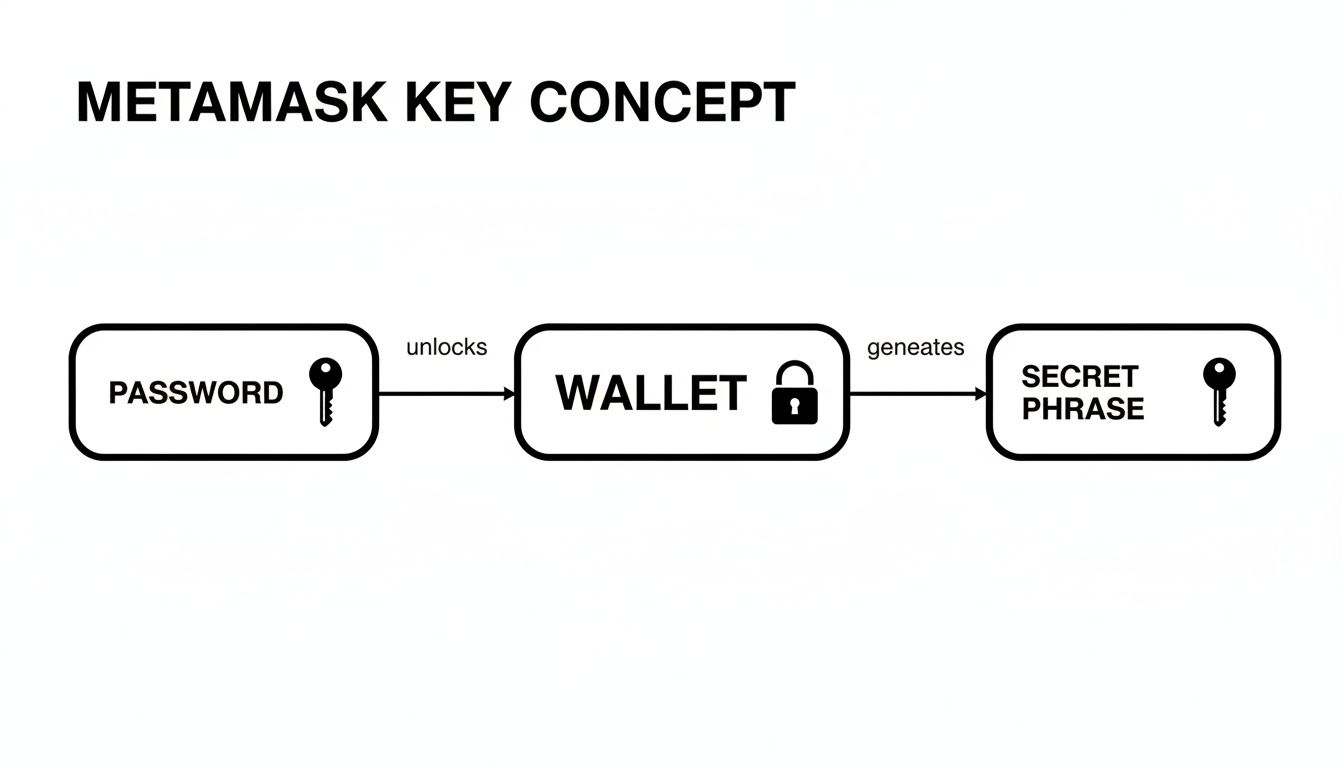 A conceptual diagram illustrating how a password unlocks a MetaMask wallet that generates a secret phrase.