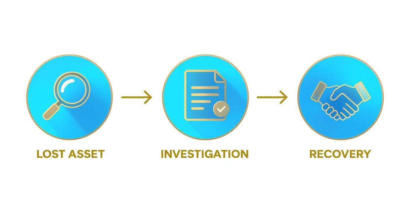 Infographic illustrating the asset recovery process from lost asset identification to investigation and final recovery.