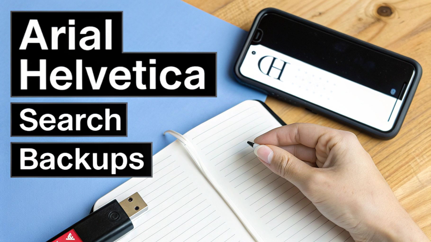 A person writing in a notebook, with a smartphone, USB drive, and text 'Arial Helvetica Search Backups' visible.