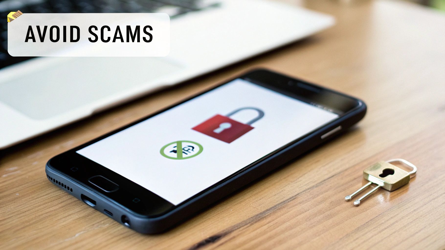 A smartphone shows a locked padlock and warning symbol next to a key, emphasizing online security and avoiding scams.