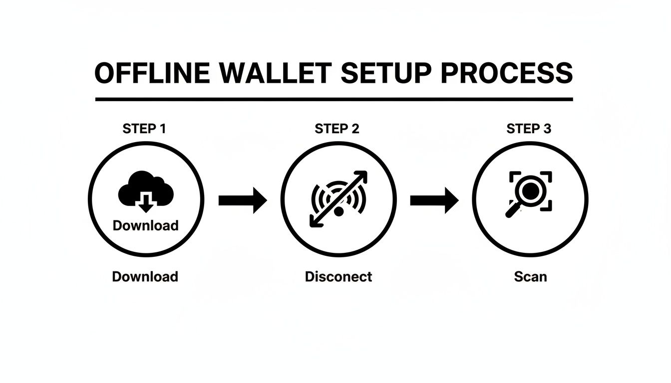 A diagram illustrating the offline wallet setup process in three steps: Download, Disconnect, and Scan.