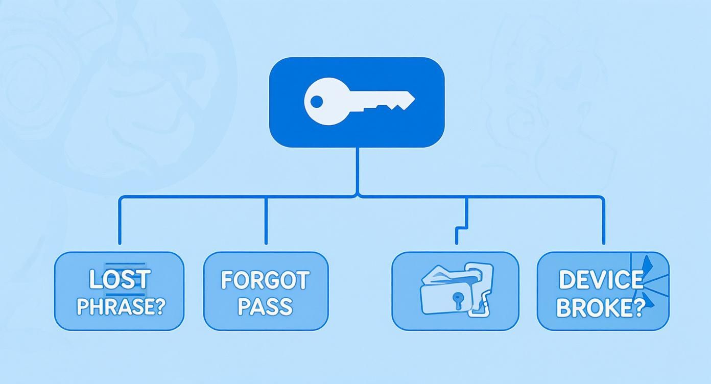 Flowchart illustrating crypto wallet recovery methods for lost phrase, forgotten password, or broken device.