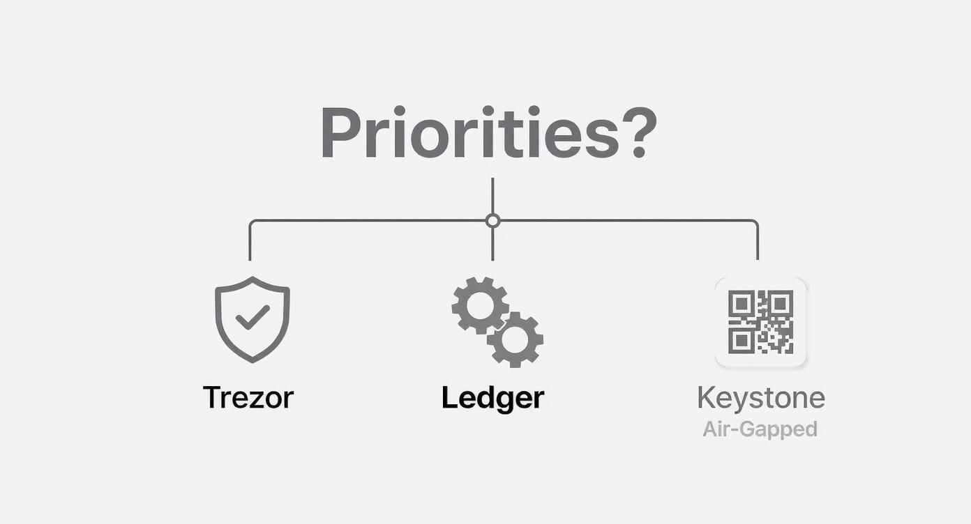 Comparison chart showing three hardware wallet options: Trezor, Ledger, and Keystone air-gapped wallets with security priorities