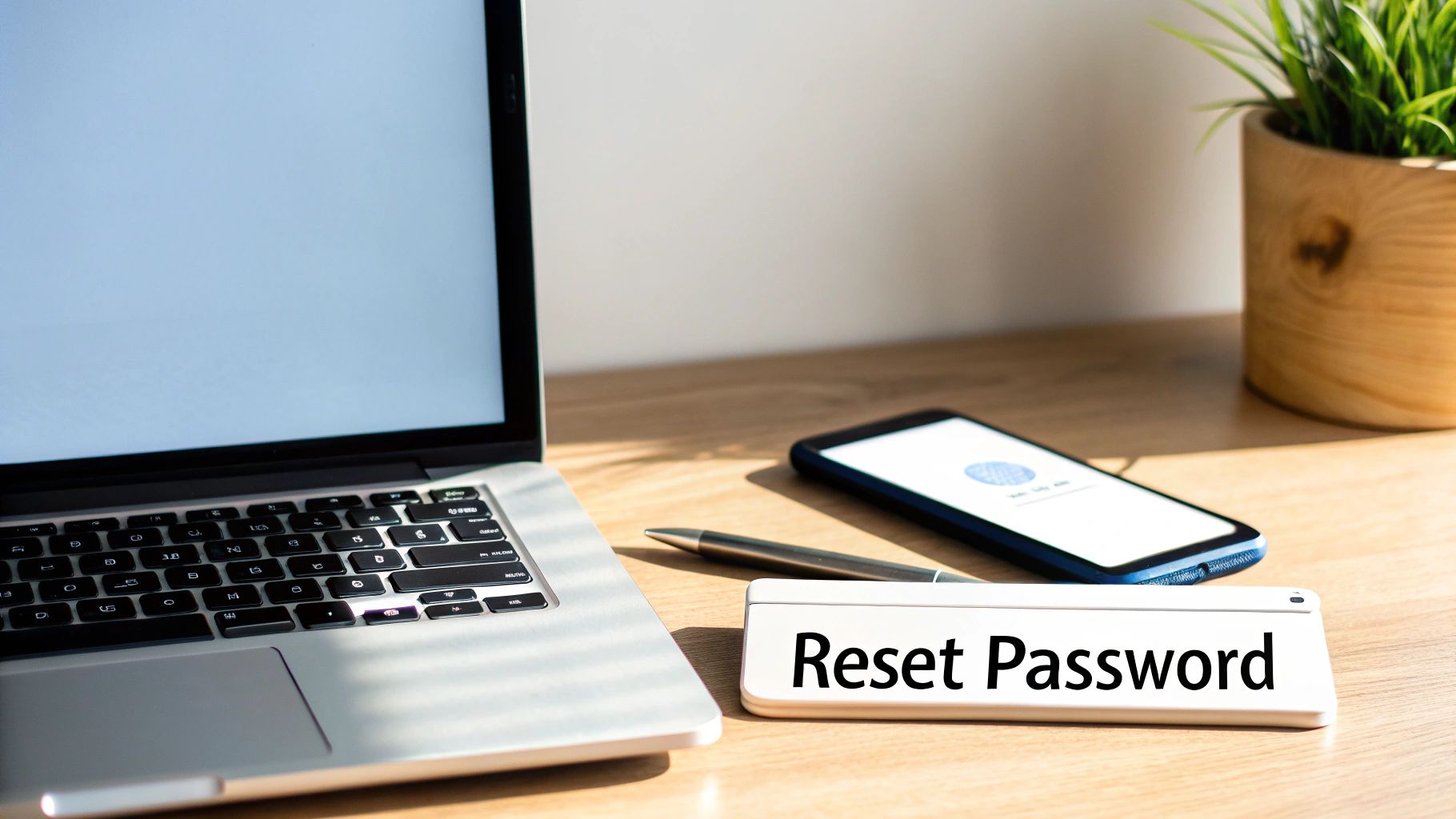 A person looking thoughtfully at a computer screen displaying a login page with a password field.
