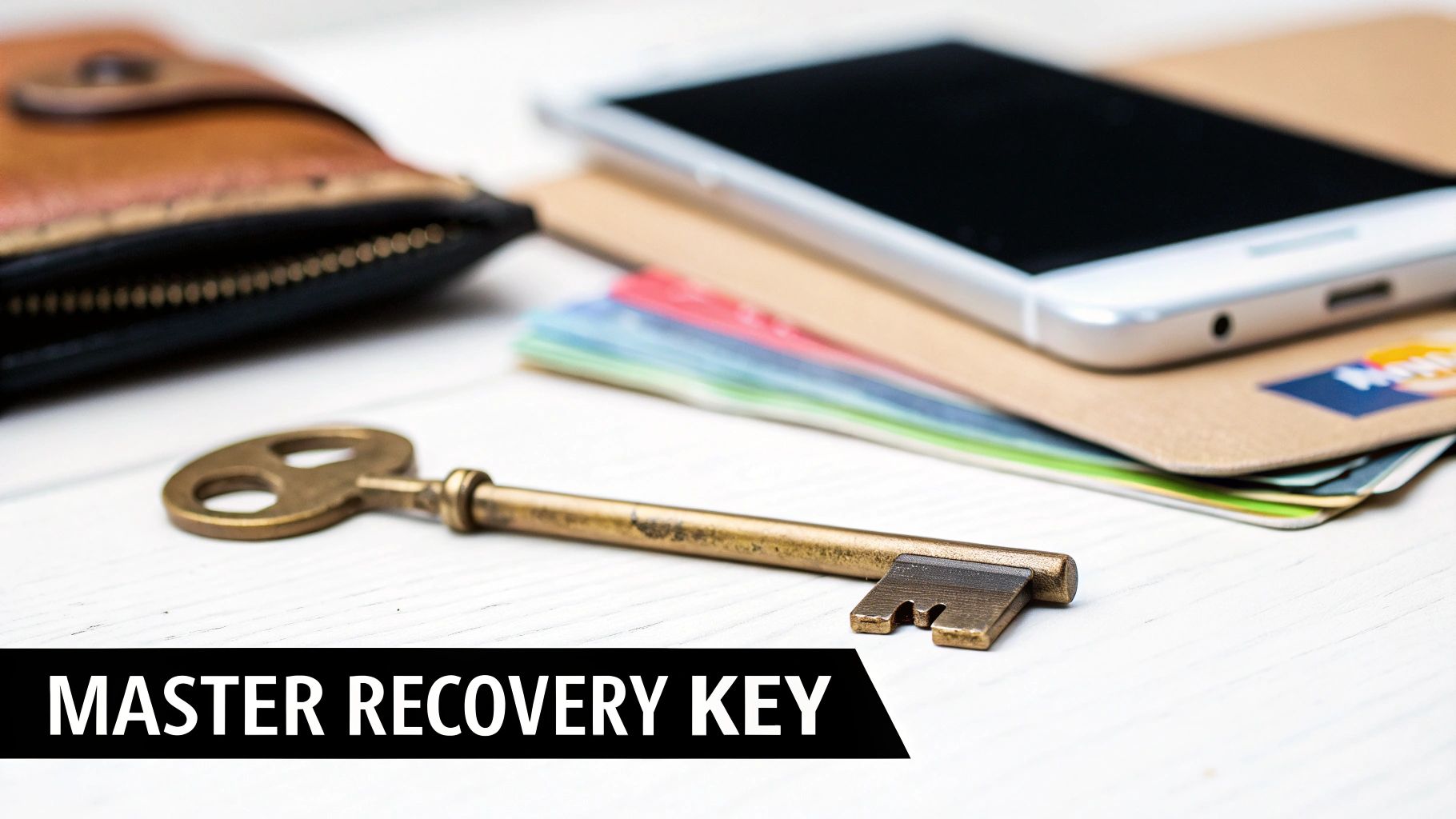A vintage brass key labeled 'MASTER RECOVERY KEY' on a white table, with a wallet and smartphone.