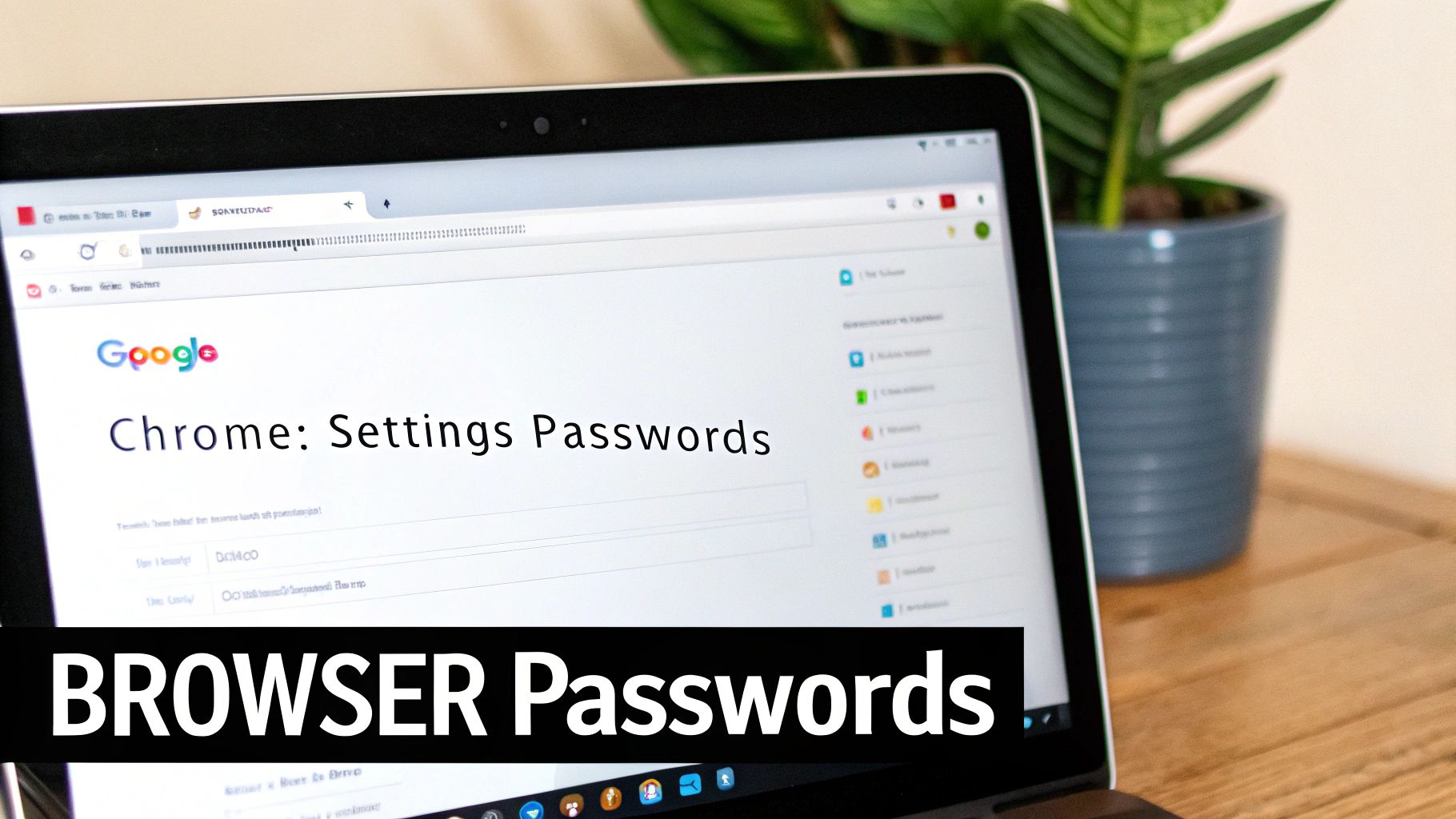 A laptop screen displaying Chrome settings for saved passwords, with 'BROWSER Passwords' overlaid.