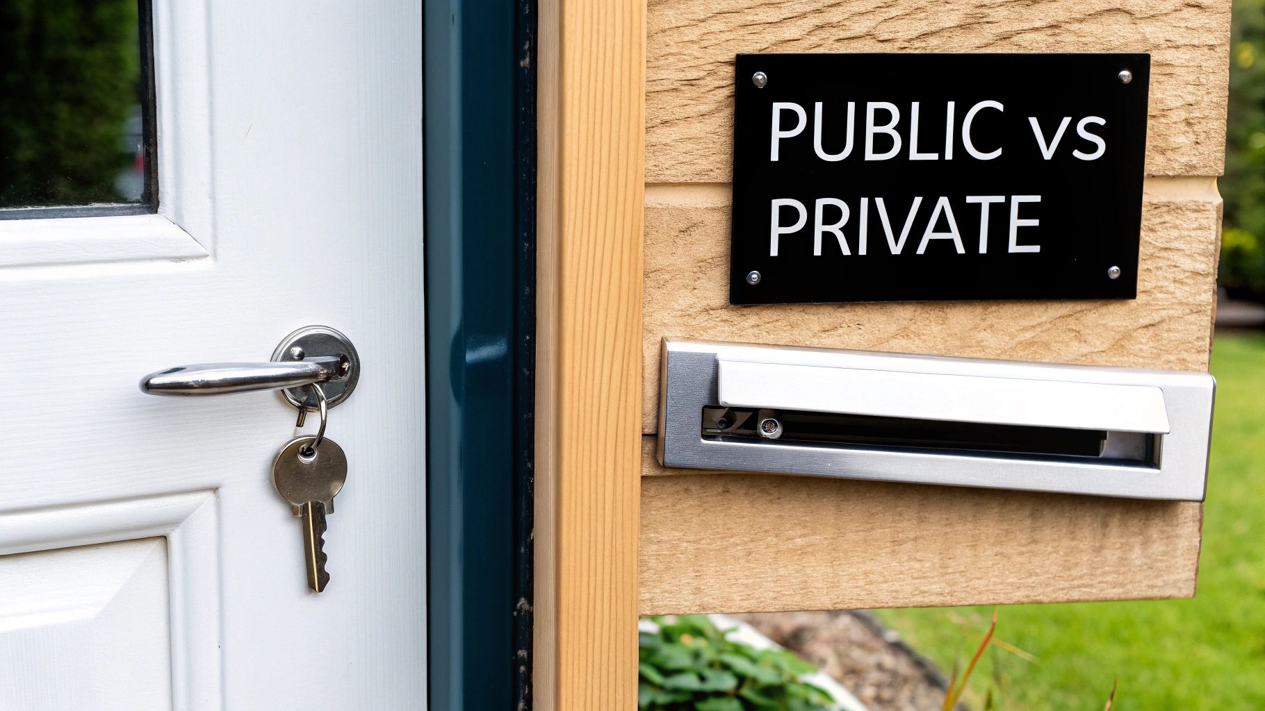 A white door with a key on the handle next to a letterbox and a 'PUBLIC vs PRIVATE' sign.