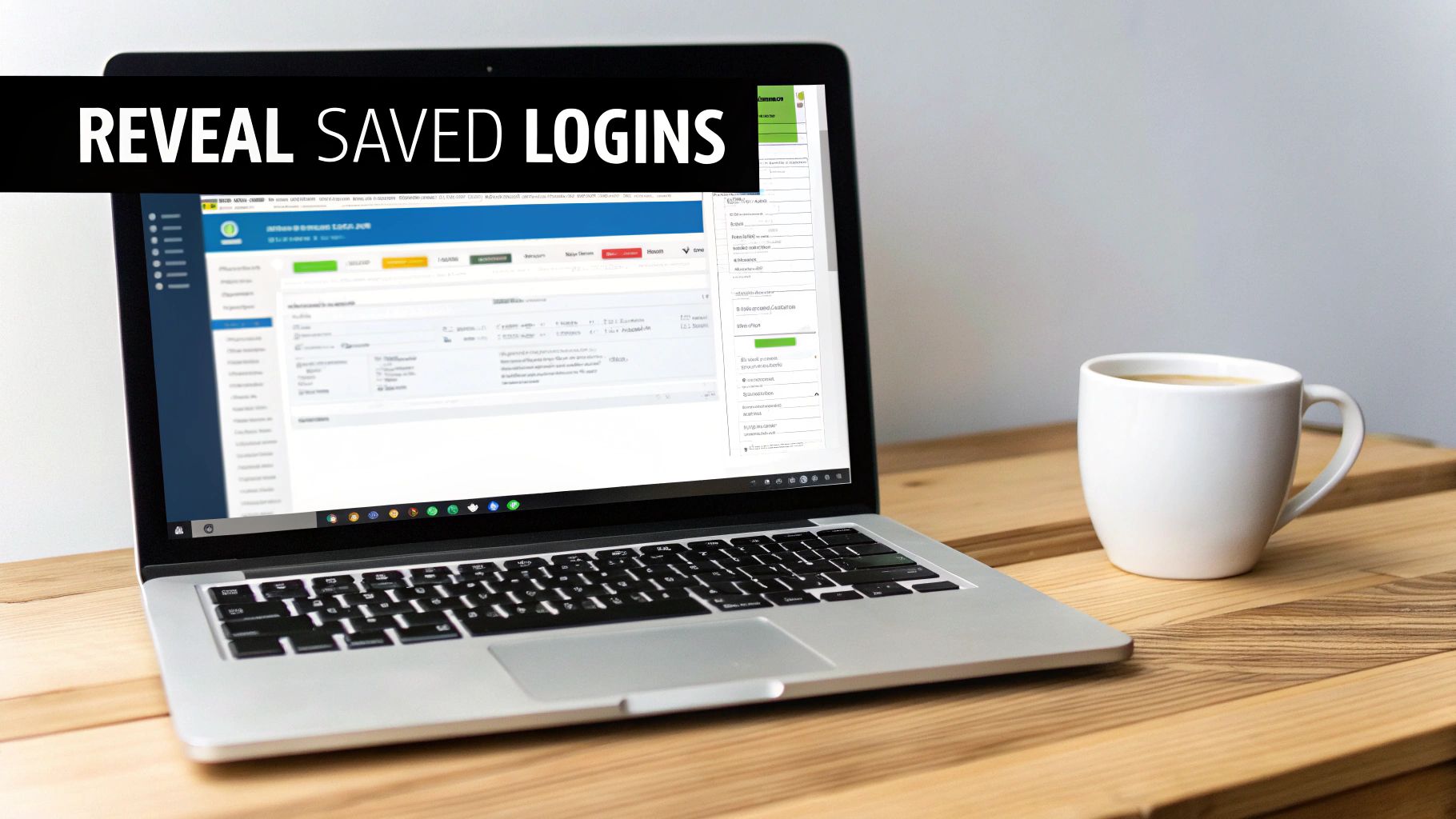 Laptop displaying a website with 'Reveal Saved Logins' text, next to a white coffee mug on a wooden desk.