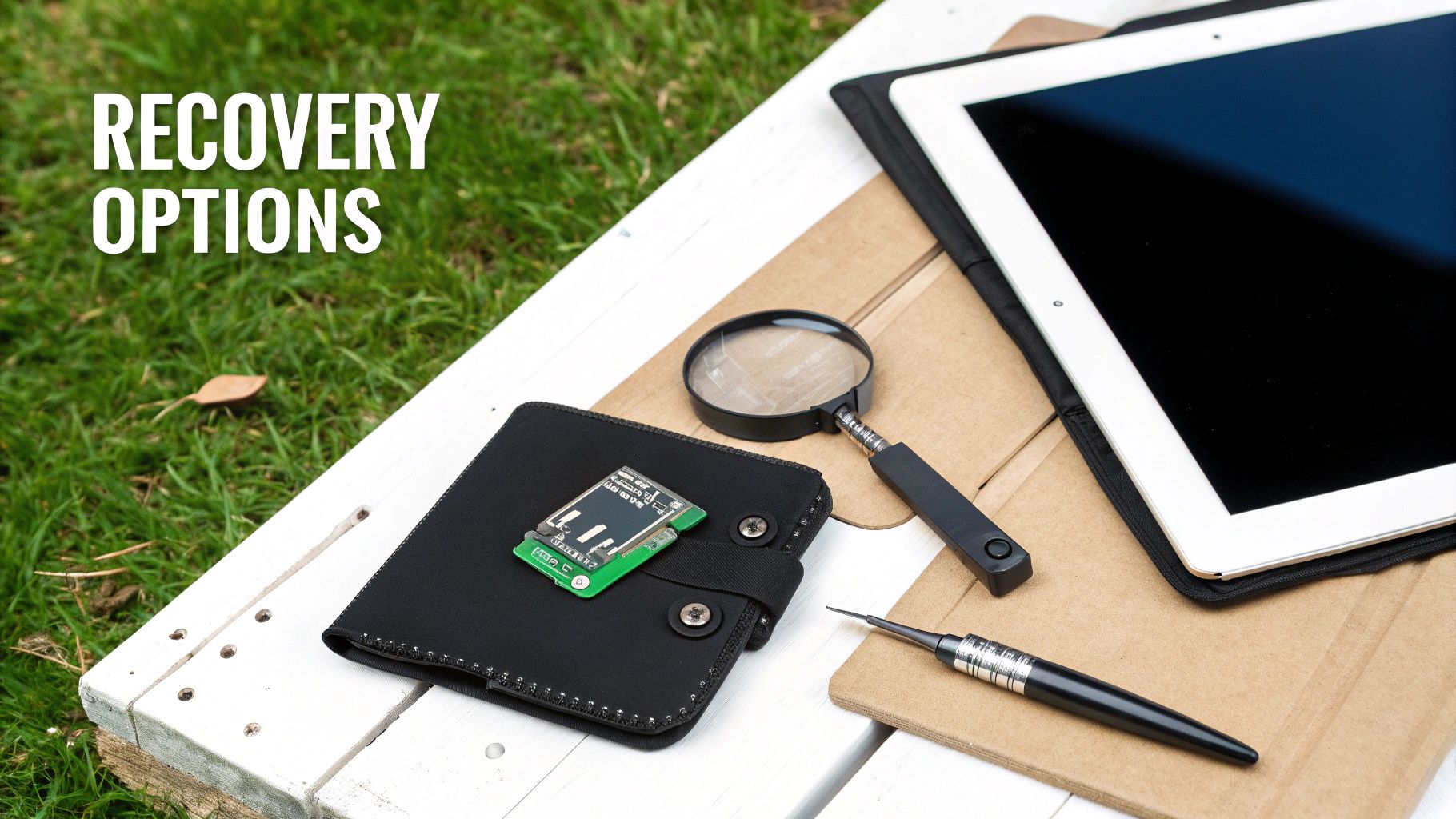 Digital assets recovery tools like a hardware wallet, magnifying glass, and tablet, on wood.