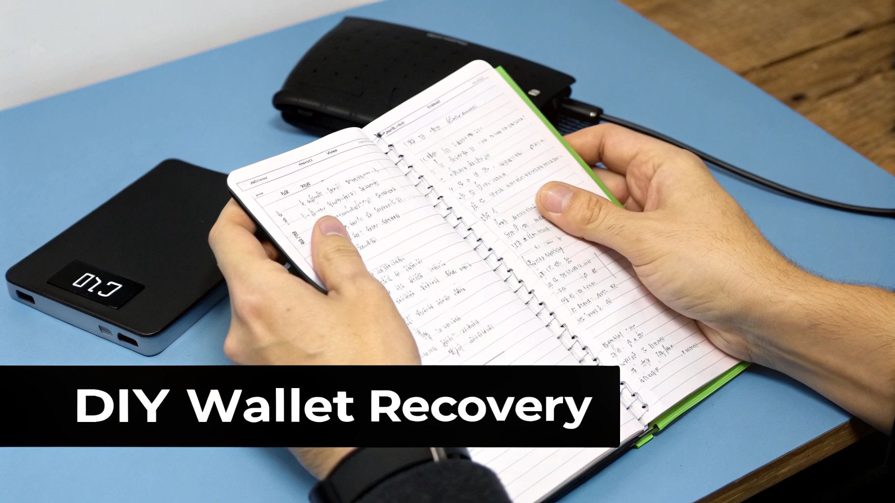 A person holding an open notebook with handwritten notes next to a black electronic device with a display, titled 'DIY Wallet Recovery'.