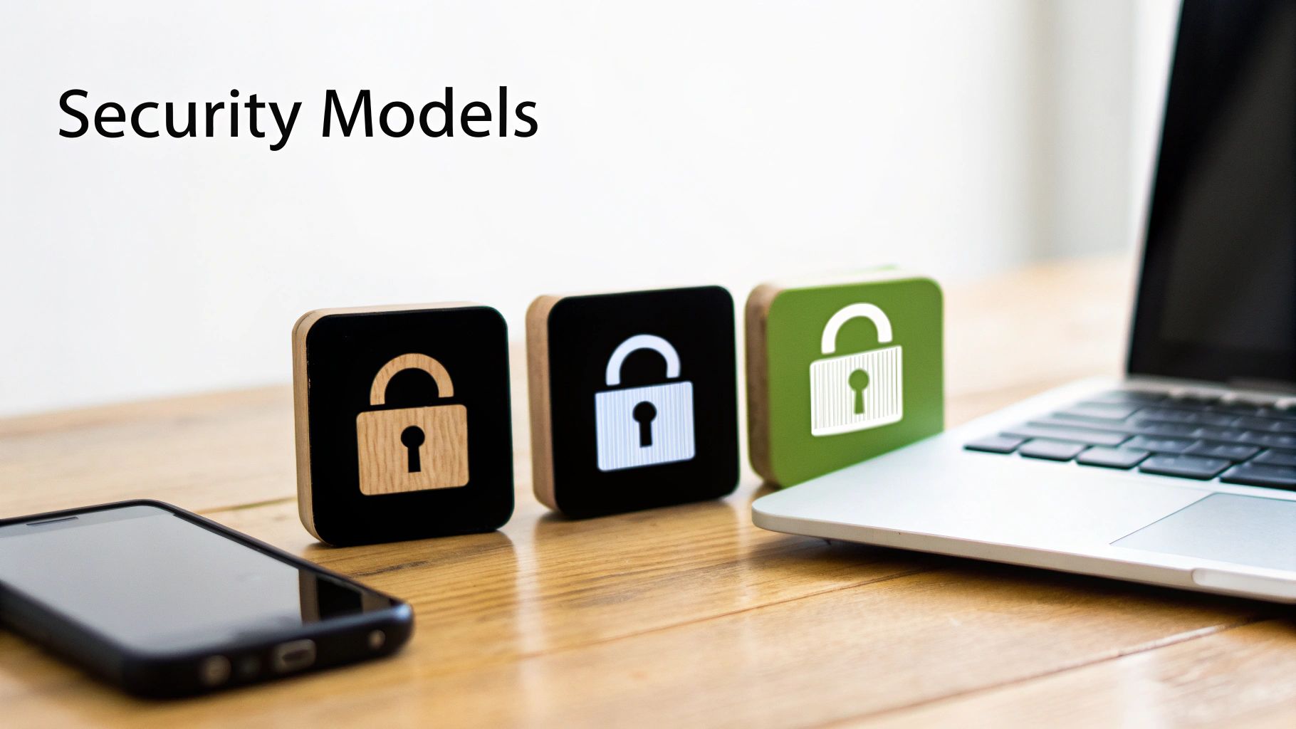 Three security padlock icons next to a smartphone and laptop on a wooden desk, with 'Security Models' text.