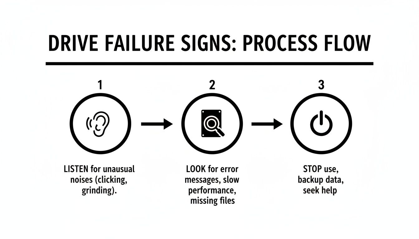 Infographic illustrating a 3-step process for identifying and responding to hard drive failure signs.