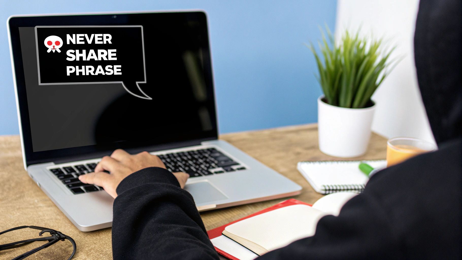 A person types on a laptop displaying a 'NEVER SHARE PHRASE' security warning with a skull icon.