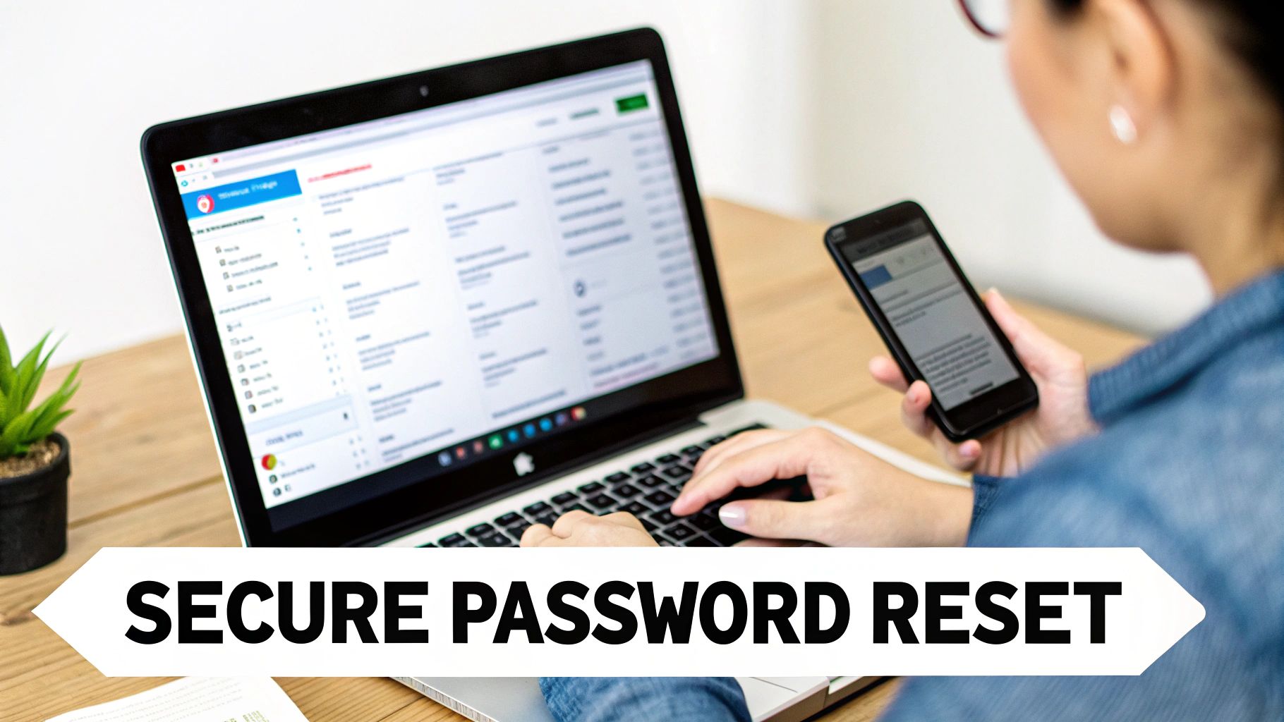 Person typing on a laptop and checking a smartphone, with a 'Secure Password Reset' sign.