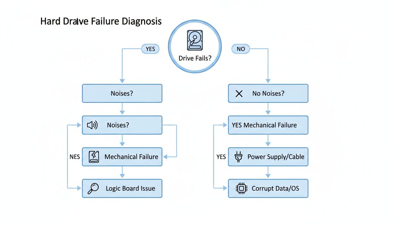 Flowchart diagnosing hard drive failures by checking for noises, mechanical issues, power, or corrupt data.