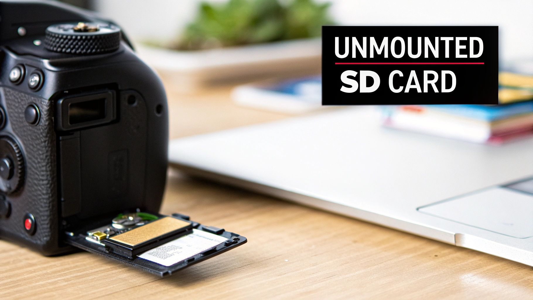 Close-up of a digital camera with an unmounted SD card partially removed from its slot.