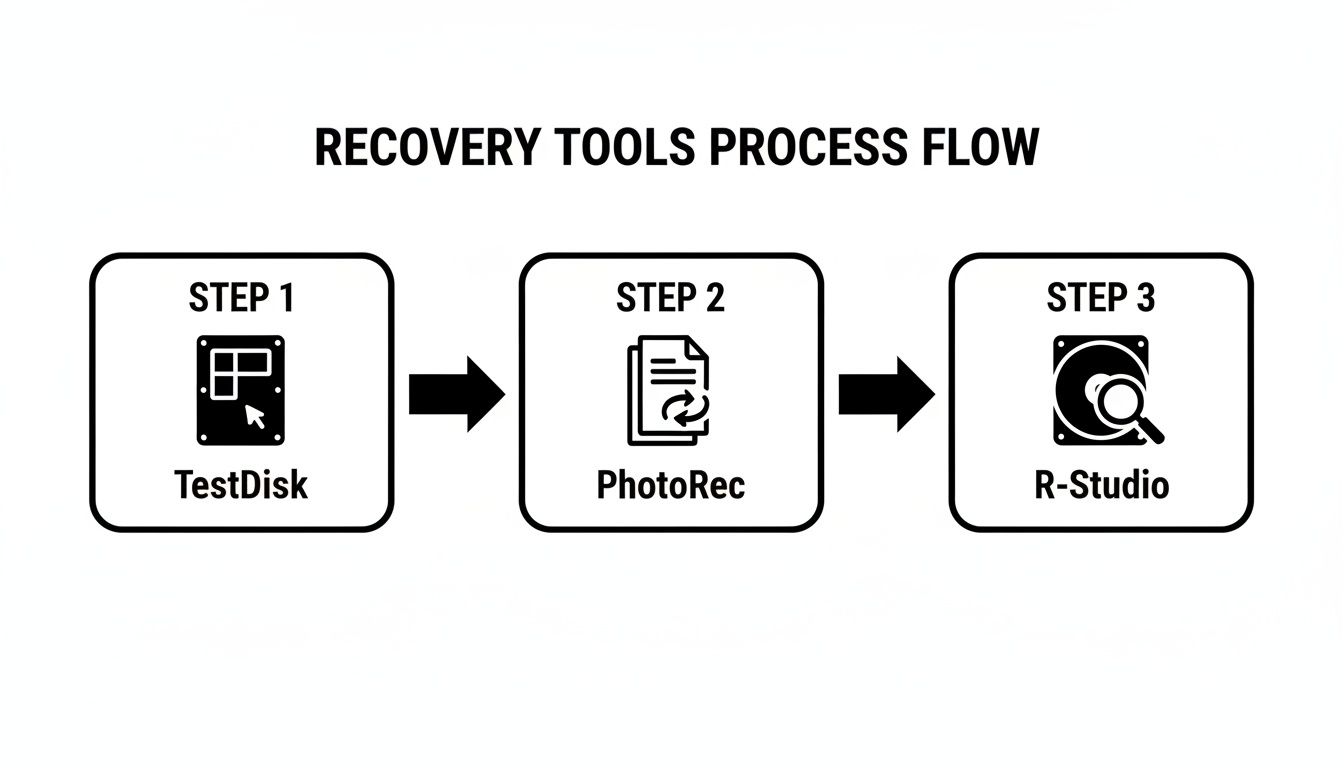 A flowchart illustrates a data recovery process using TestDisk, PhotoRec, and R-Studio tools sequentially.