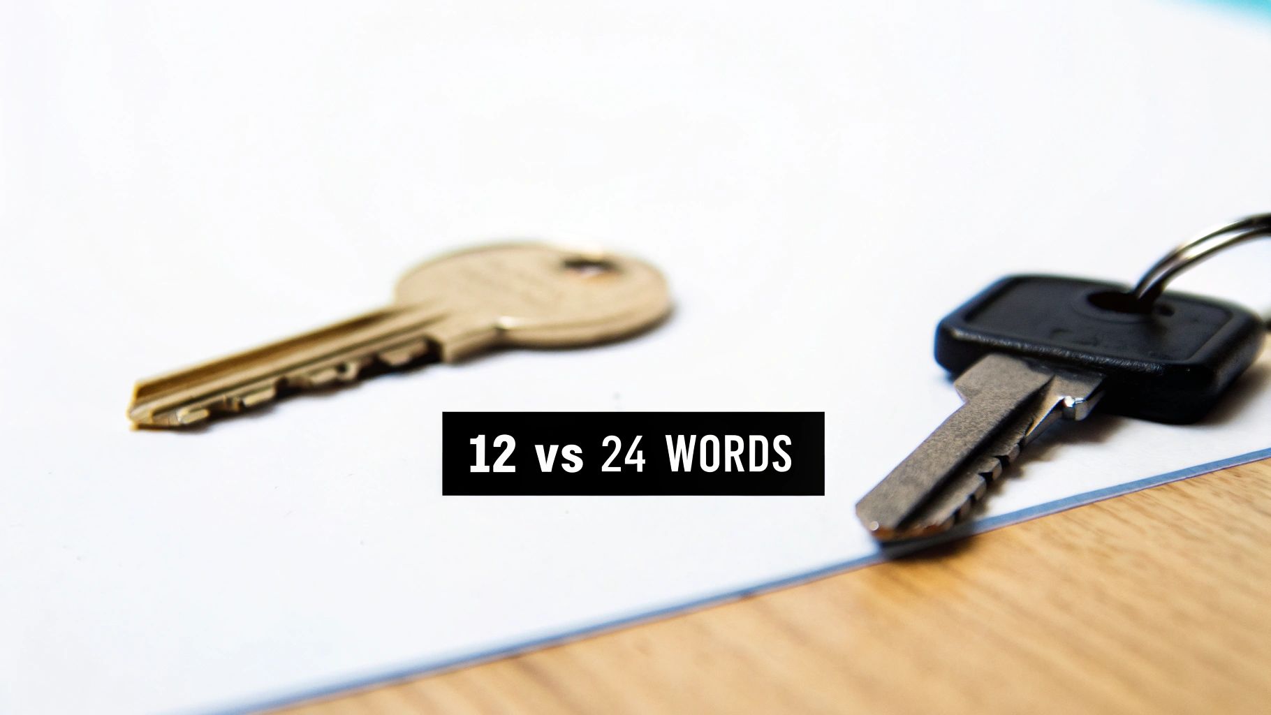 A magnifying glass hovering over a list of a list of words, symbolizing the scrutiny between 12 and 24-word seed phrases.