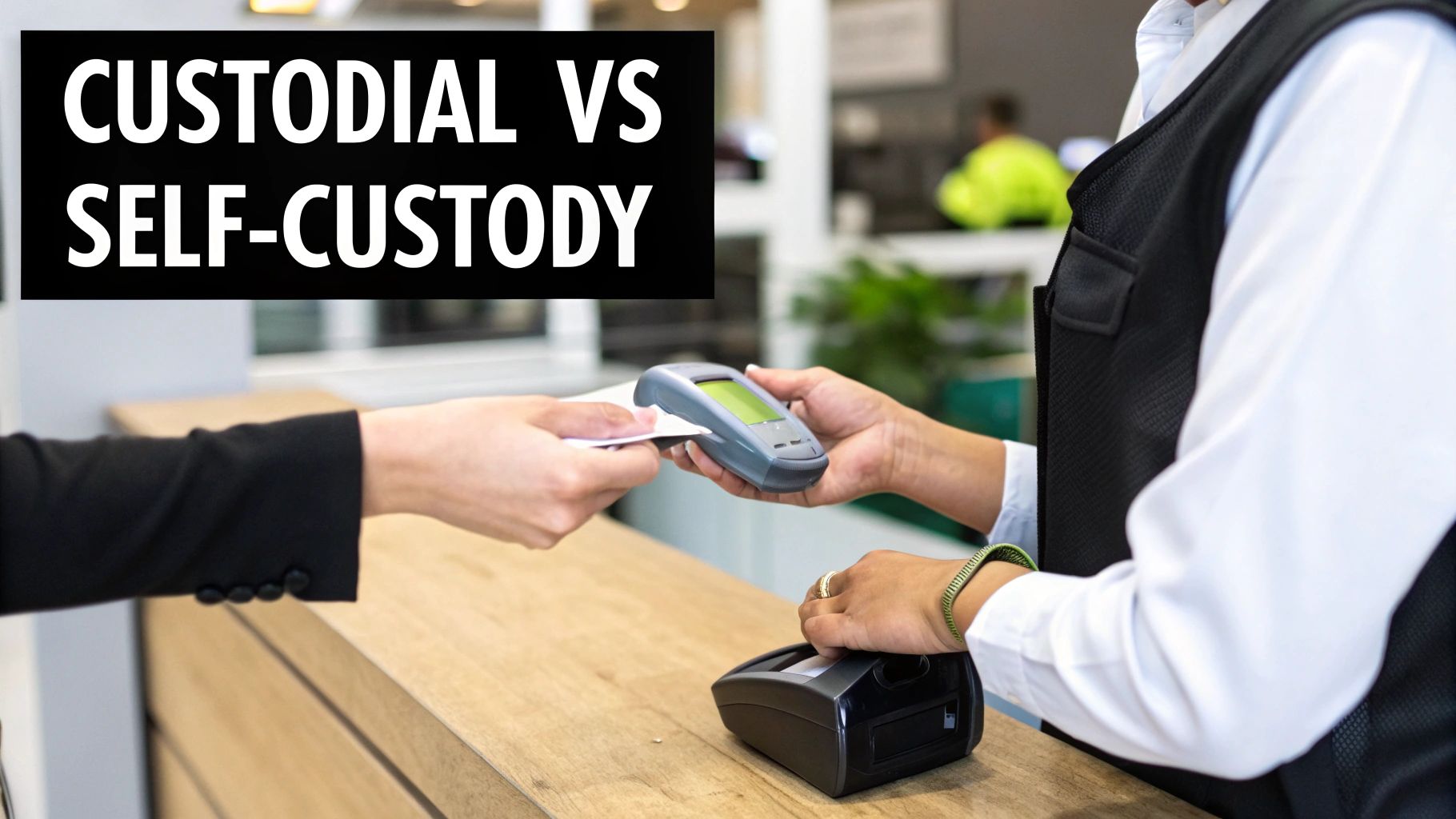 Hands exchanging a card at a payment terminal, with text 'Custodial vs Self-Custody' overlay.