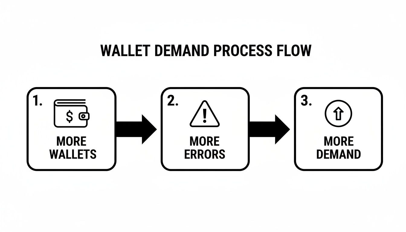 Flowchart illustrating wallet demand process: more wallets lead to more errors, increasing demand.
