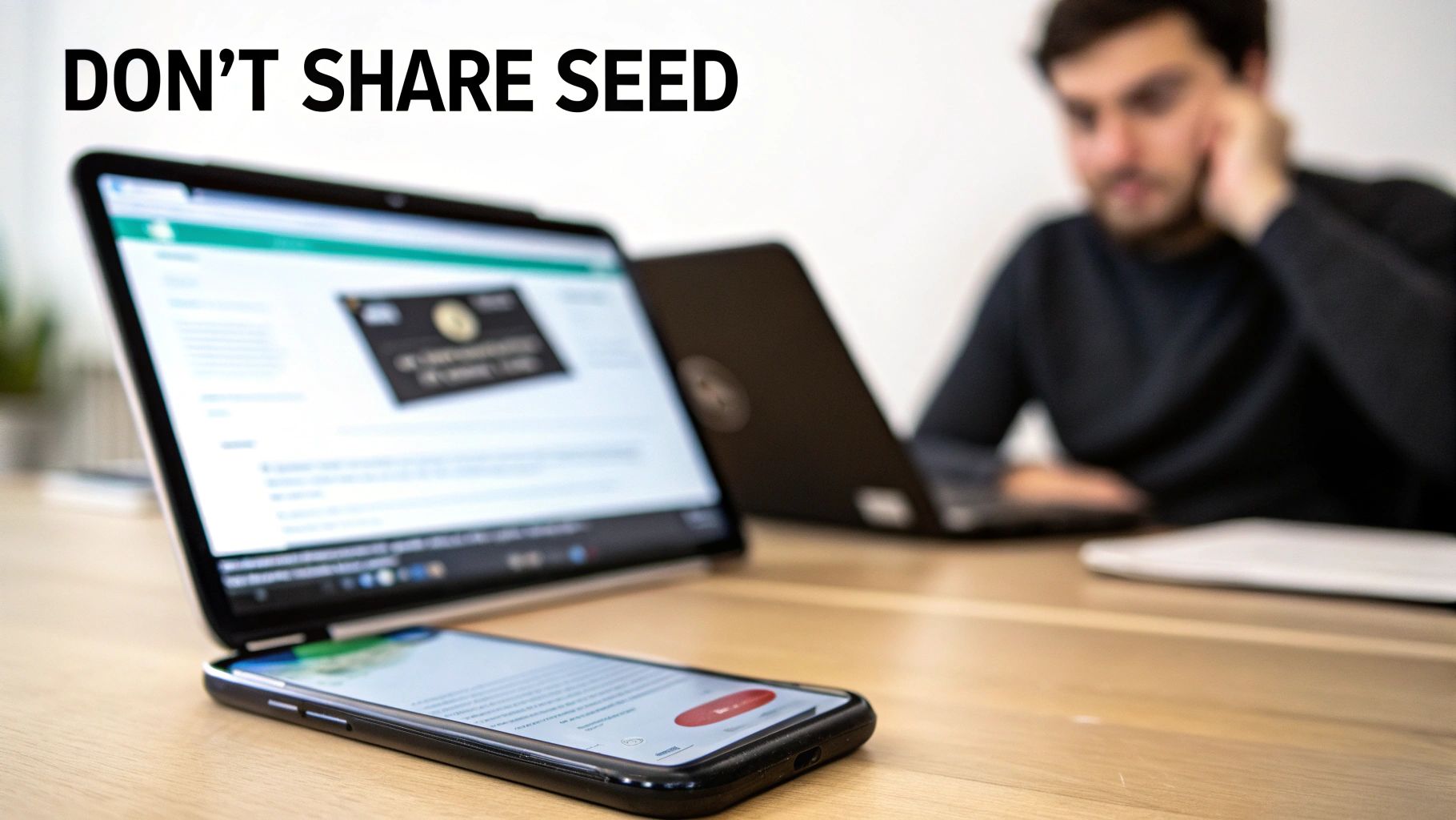 A person working on a laptop and phone, with text 'DON'T SHARE SEED' for digital wallet security.