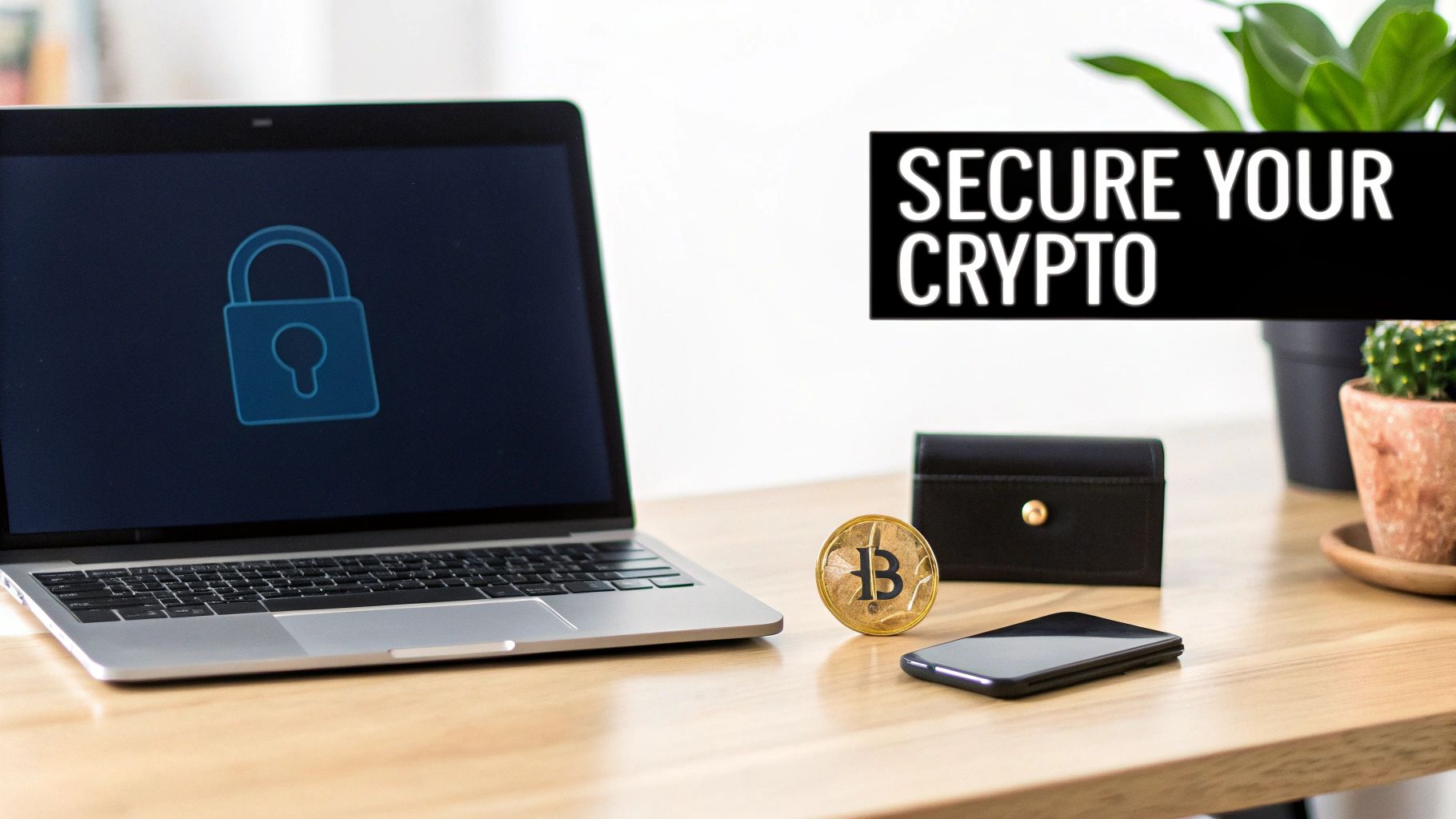 Laptop displaying security padlock icon with Bitcoin coin and wallet on wooden desk