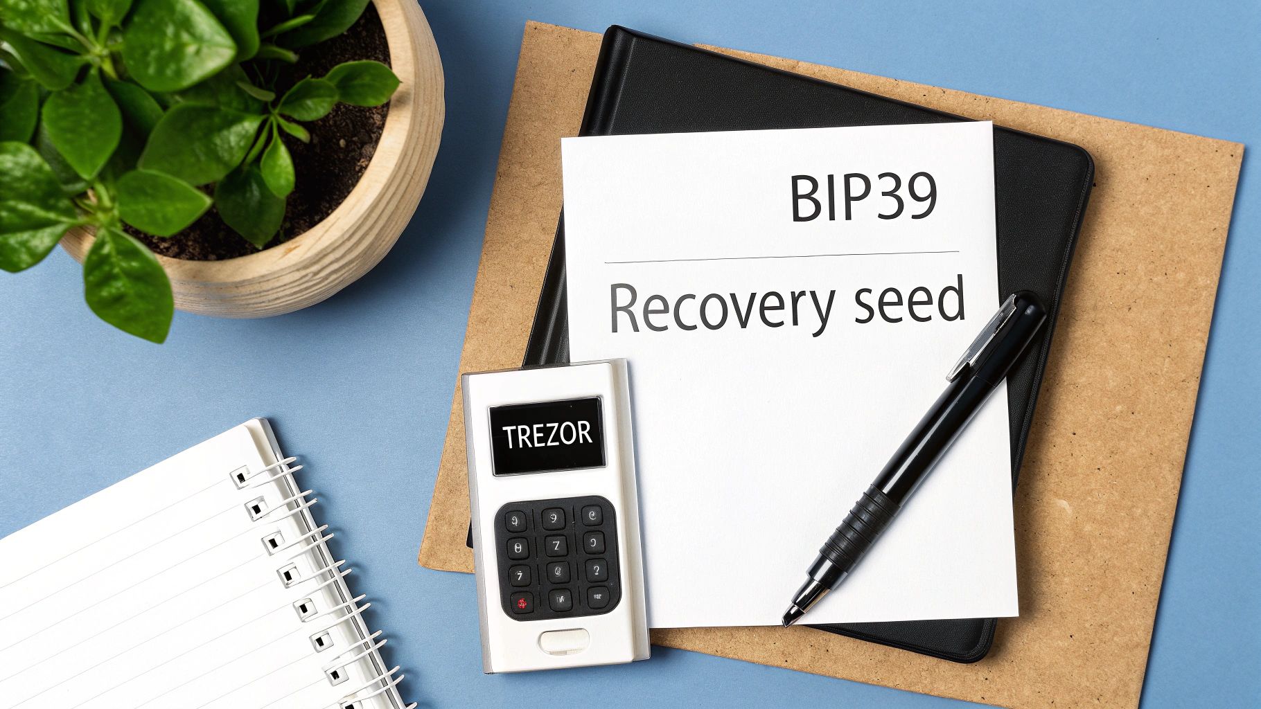 A Trezor hardware wallet, pen, and paper with "BIP39 Recovery seed" on a blue desk.