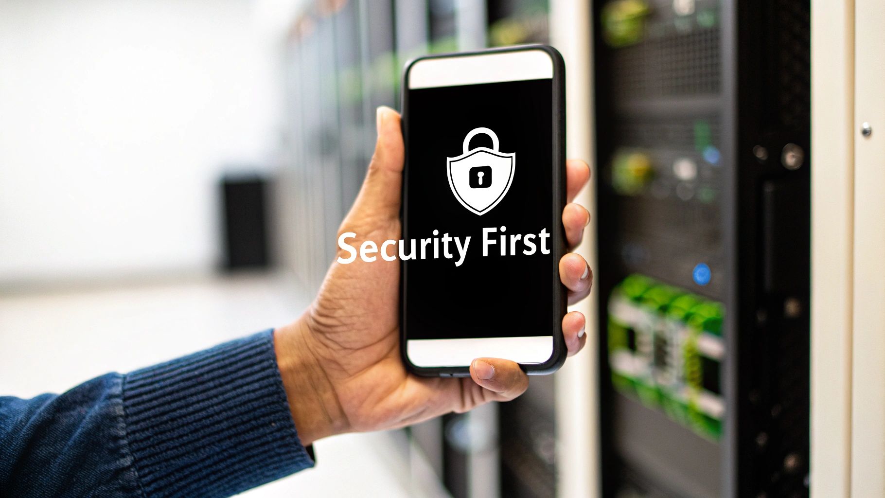 Hand holding a smartphone displaying 'Security First' with a lock icon in a server room.