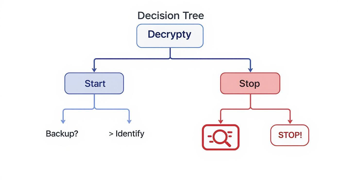 Flowchart illustrating decision points for decryption processes: start, stop, backup, identify, search.