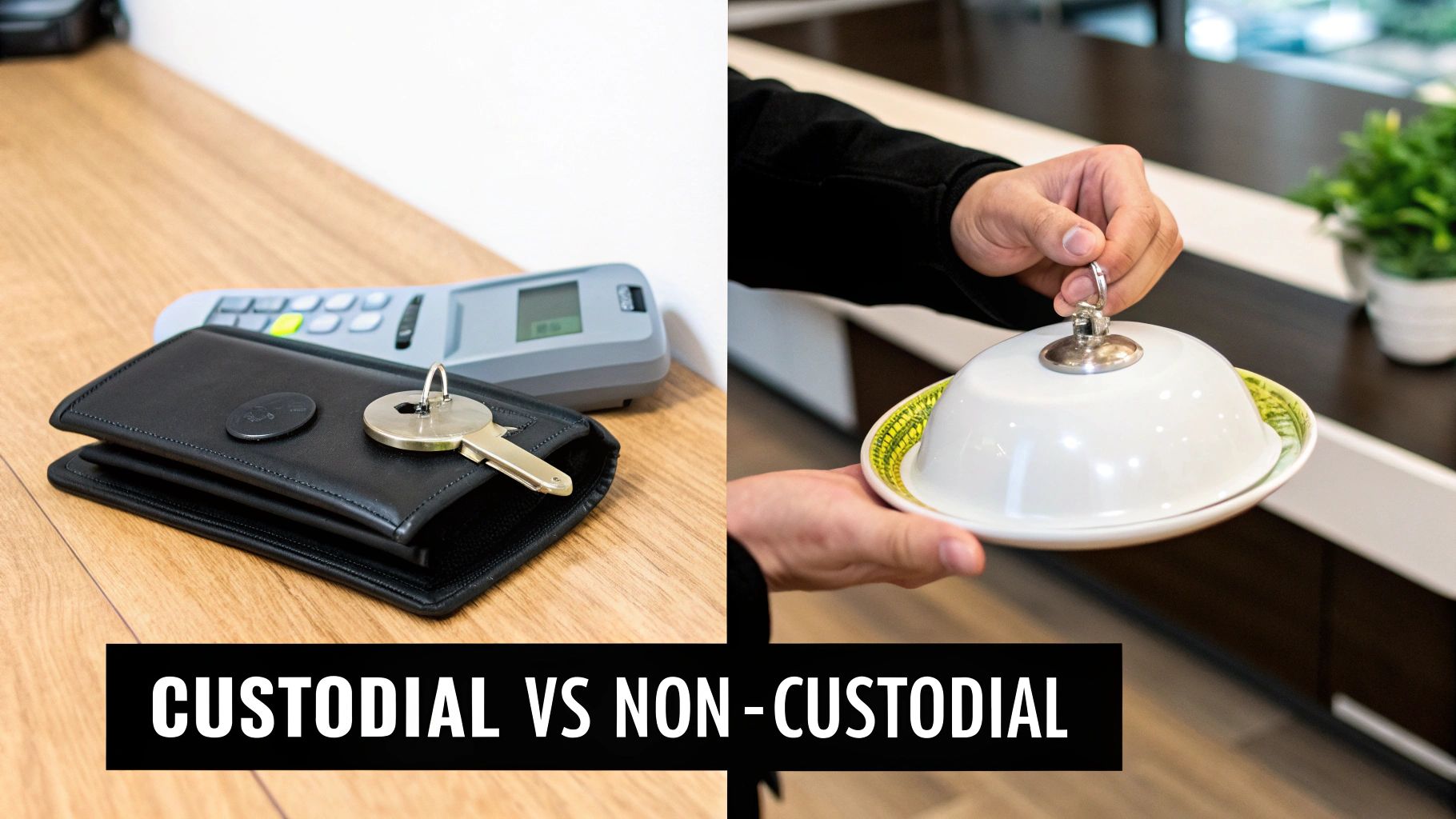 Person holding a smartphone with a digital wallet interface, illustrating the choice between wallet types