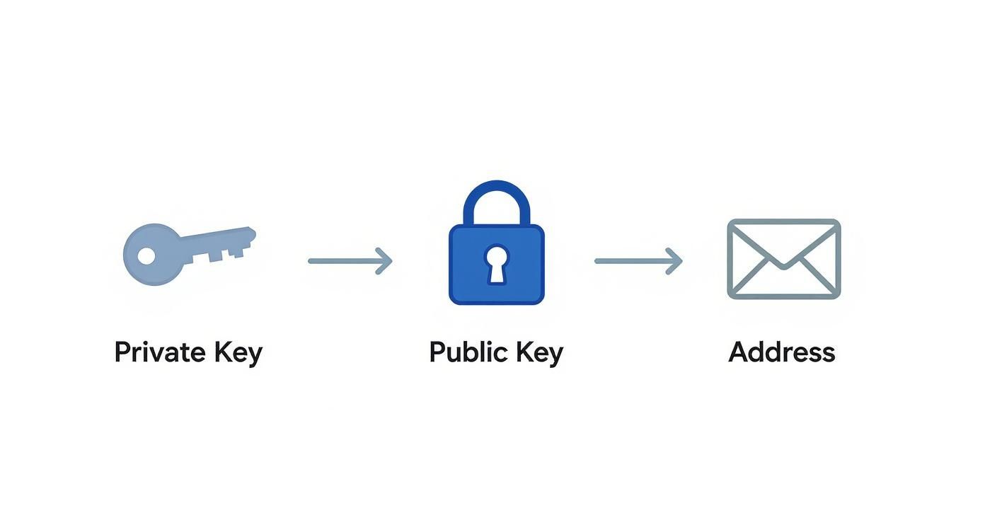 Diagram illustrating the derivation of a public key from a private key, and an address from the public key.