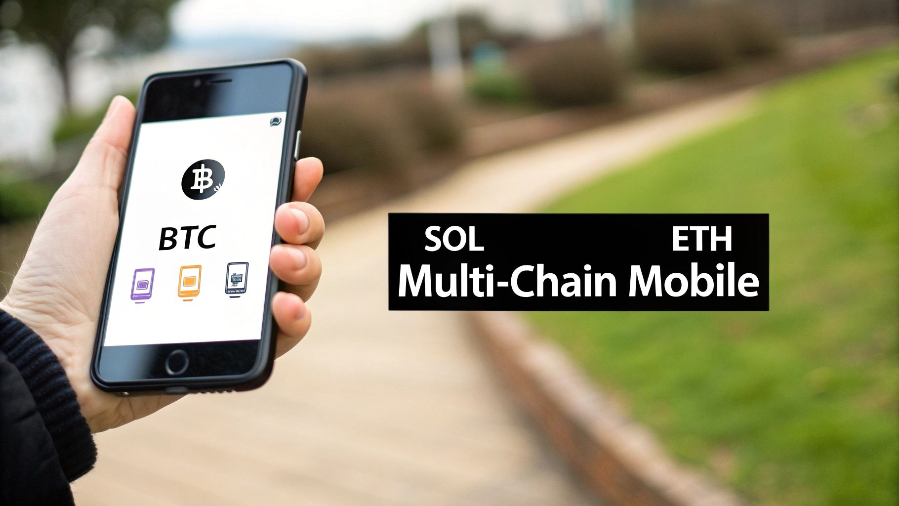 A hand holds a smartphone displaying BTC, SOL, ETH, and Multi-Chain Mobile crypto branding.