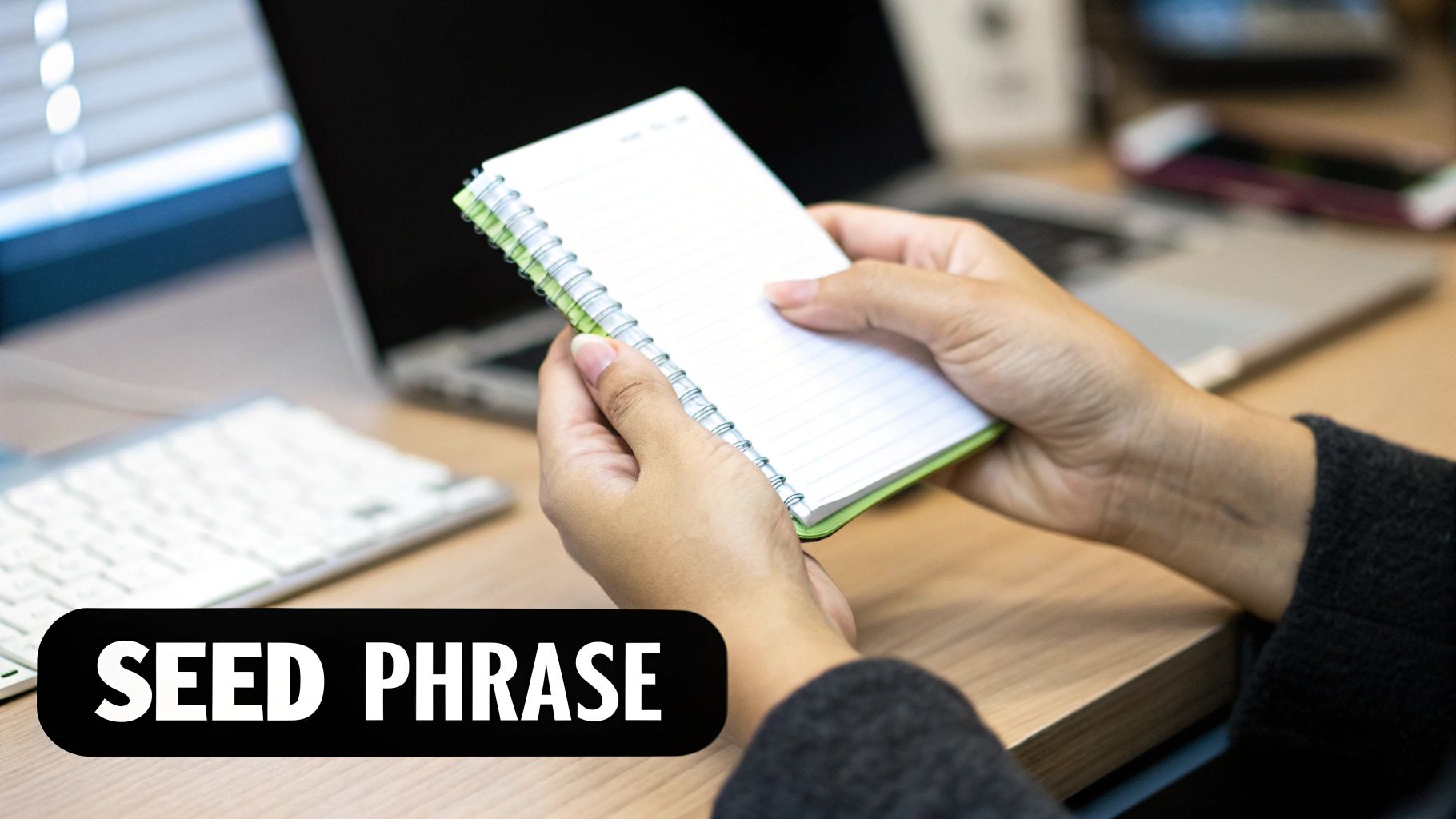 Hands holding a small, lined spiral notebook on a wooden desk with a laptop, for securely writing a seed phrase.