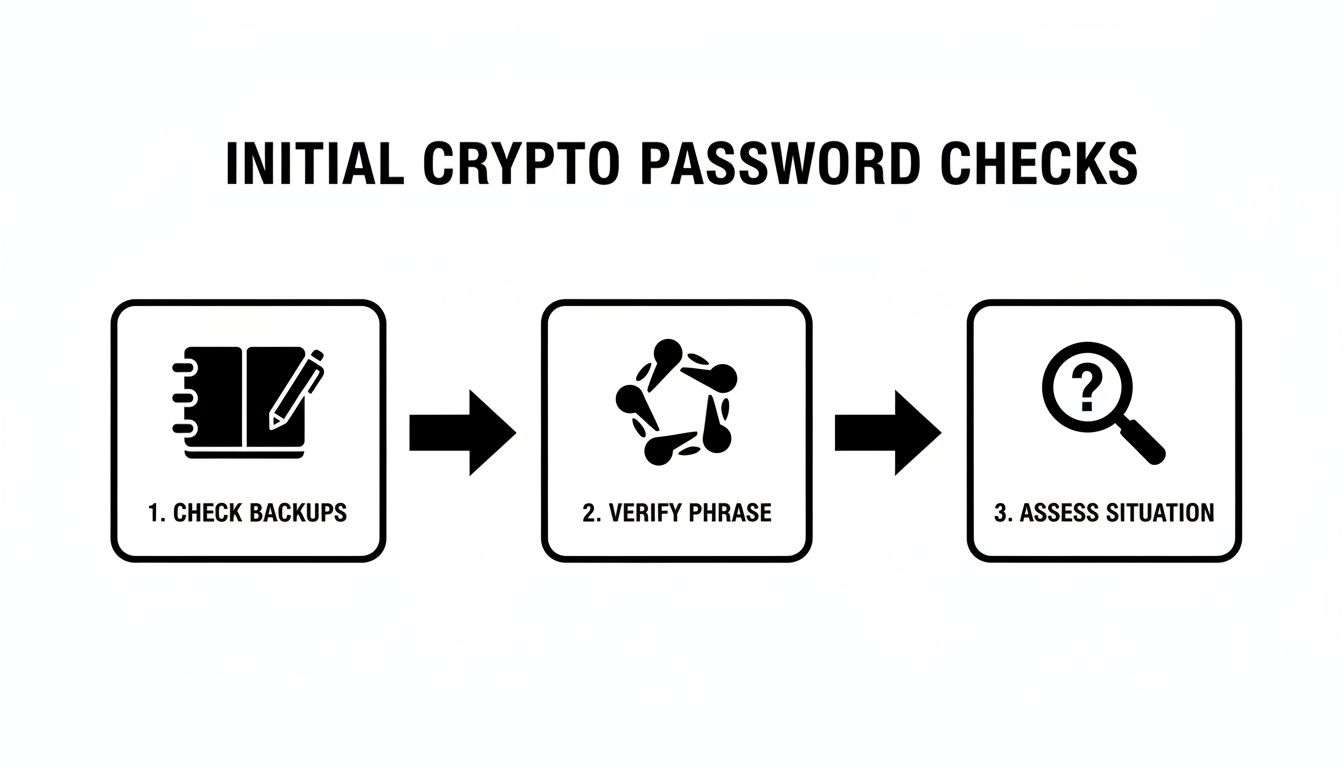 A flowchart showing three steps for initial crypto password checks, including checking backups and verifying phrases.