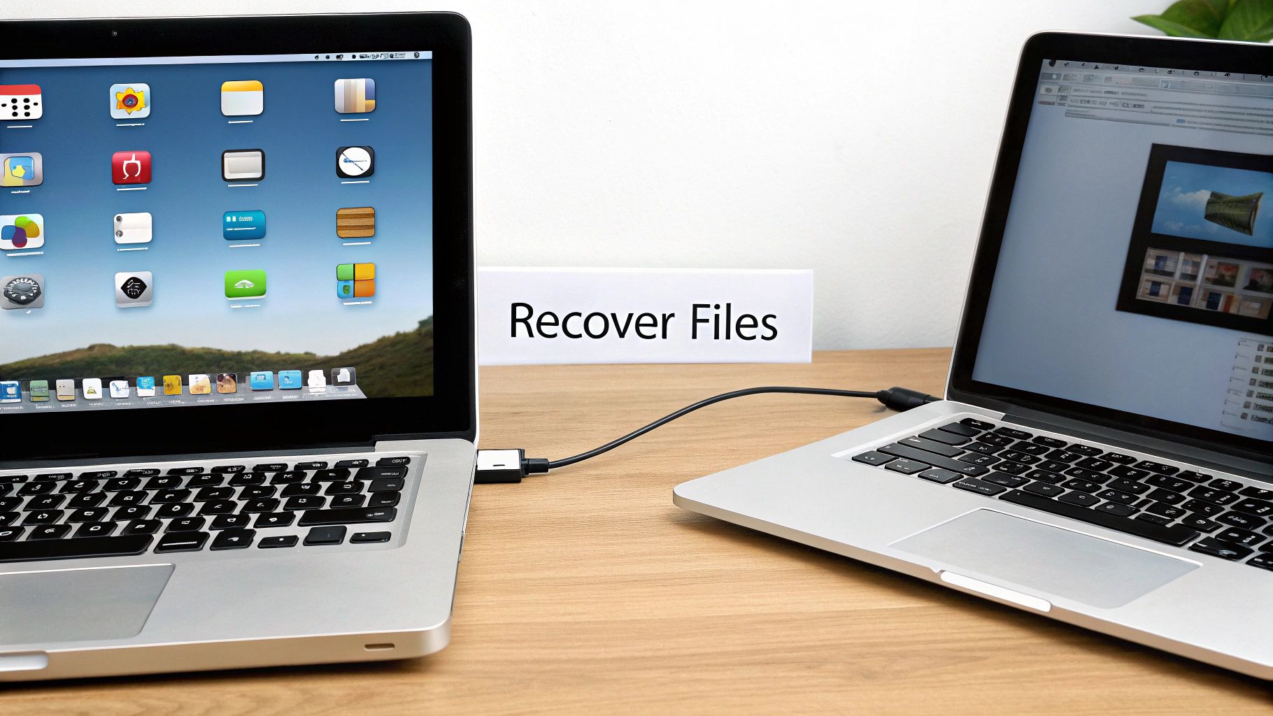Two silver laptops connected by a cable with a 'Recover Files' sign in between them.