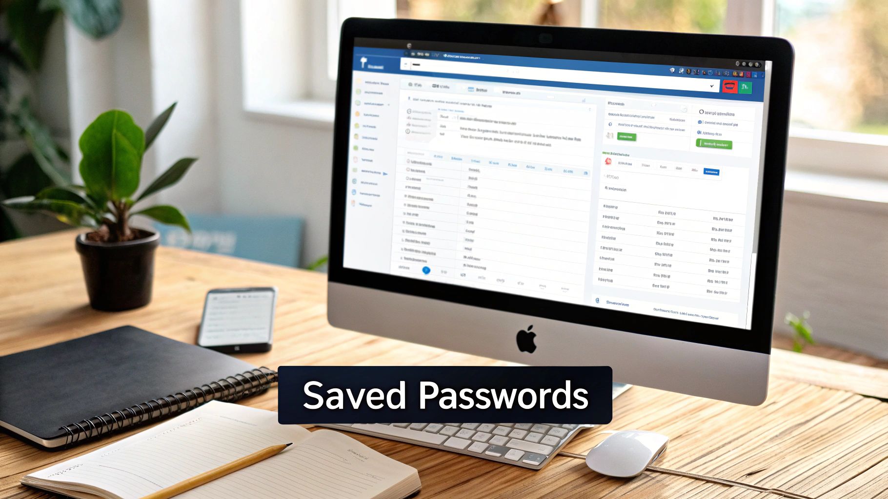 A desktop computer displays a password manager interface with saved passwords, alongside a notebook and smartphone on a wooden desk.