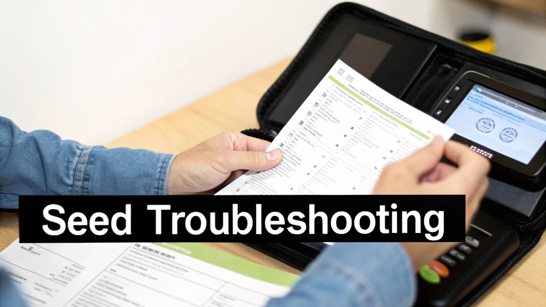 Hands holding a seed recovery sheet next to a hardware wallet for troubleshooting.