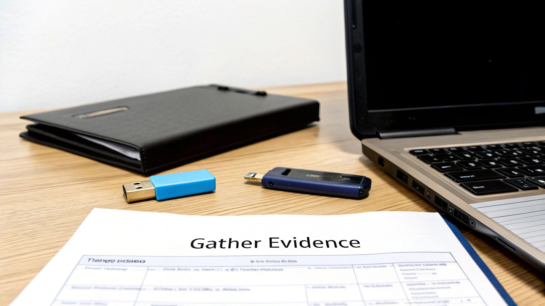 A desk with two USB drives, a laptop, a folder, and a document titled 'Gather Evidence'.