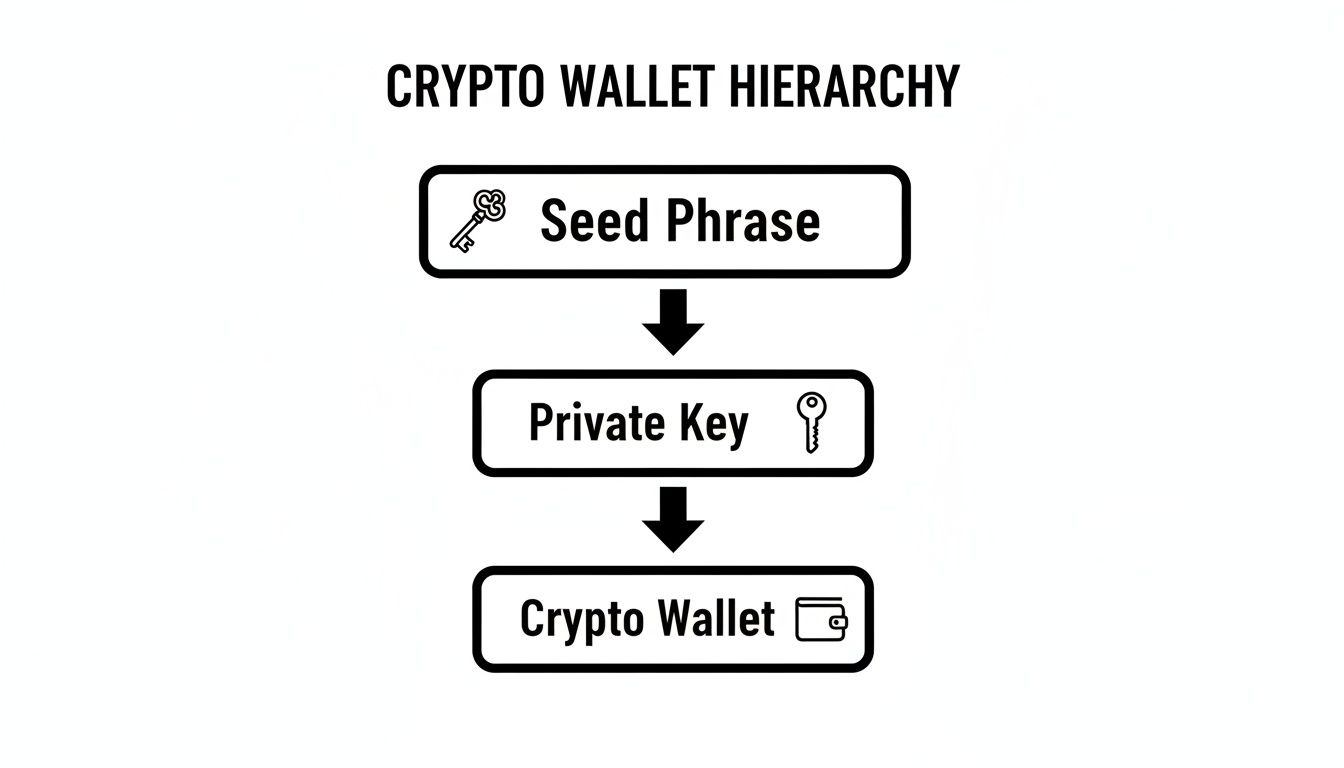 A clear hierarchy diagram illustrating the relationship between a crypto seed phrase, private key, and wallet.