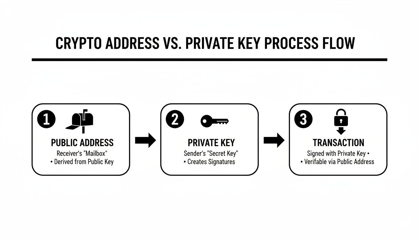 Flowchart illustrating the crypto address and private key process, from public address to transaction.