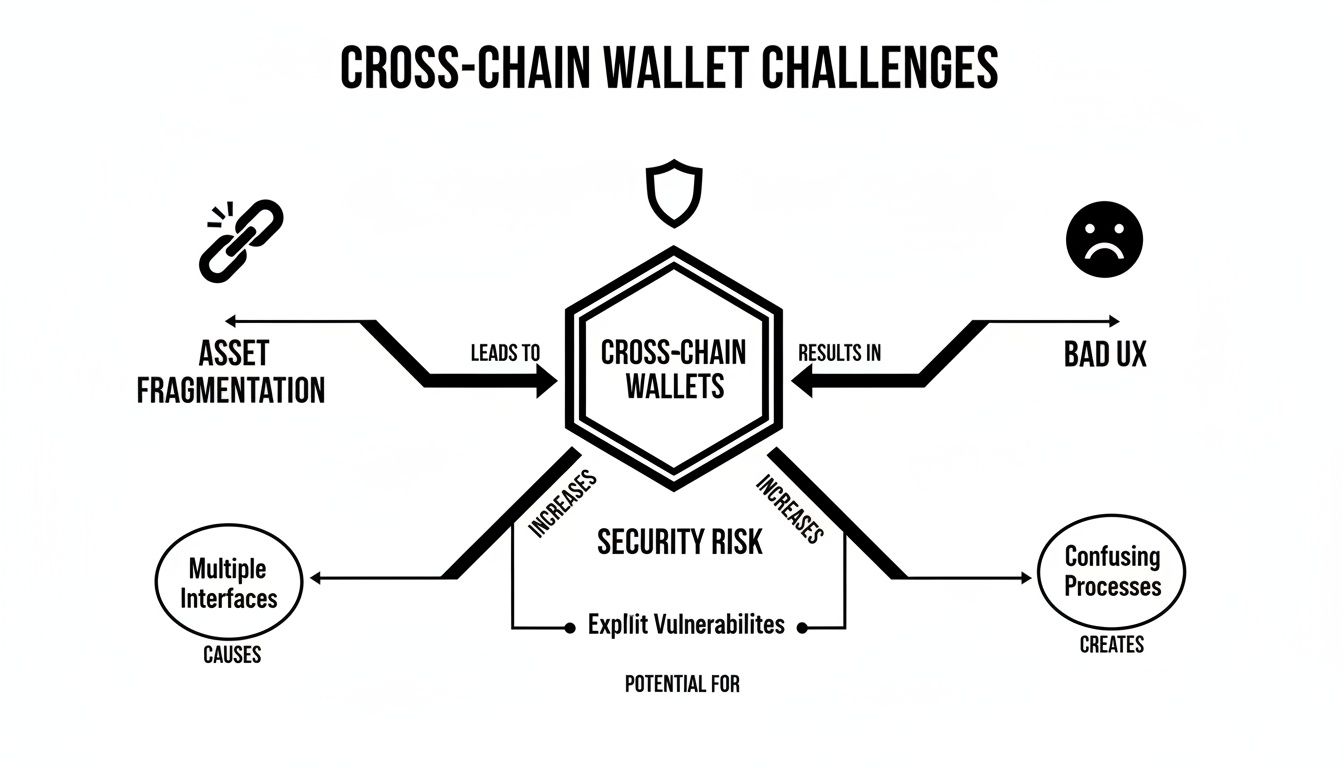 Diagram illustrating cross-chain wallet challenges including asset fragmentation, bad user experience, and increased security risks.