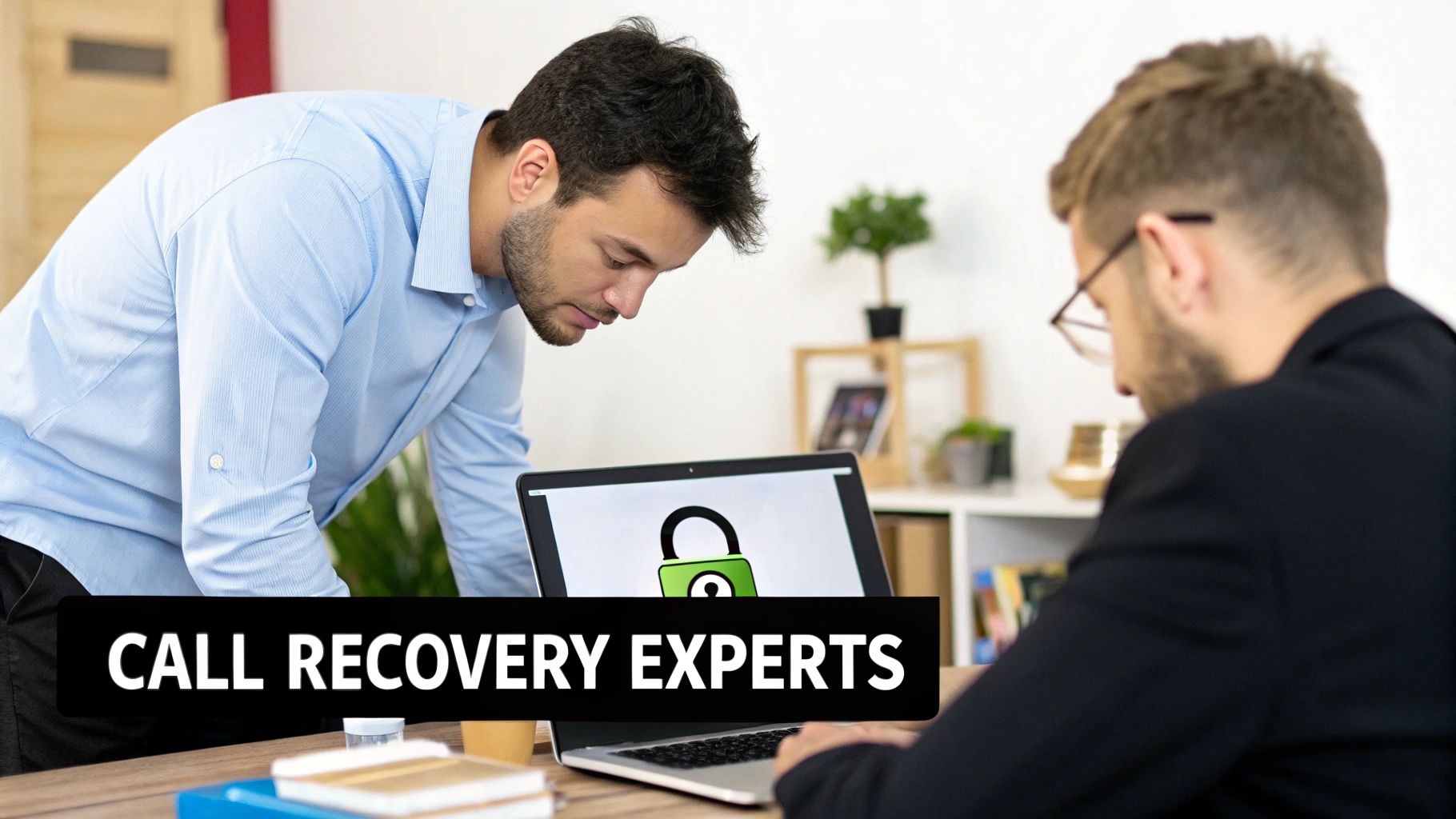 Two men examining a laptop displaying a security padlock icon, promoting recovery experts.