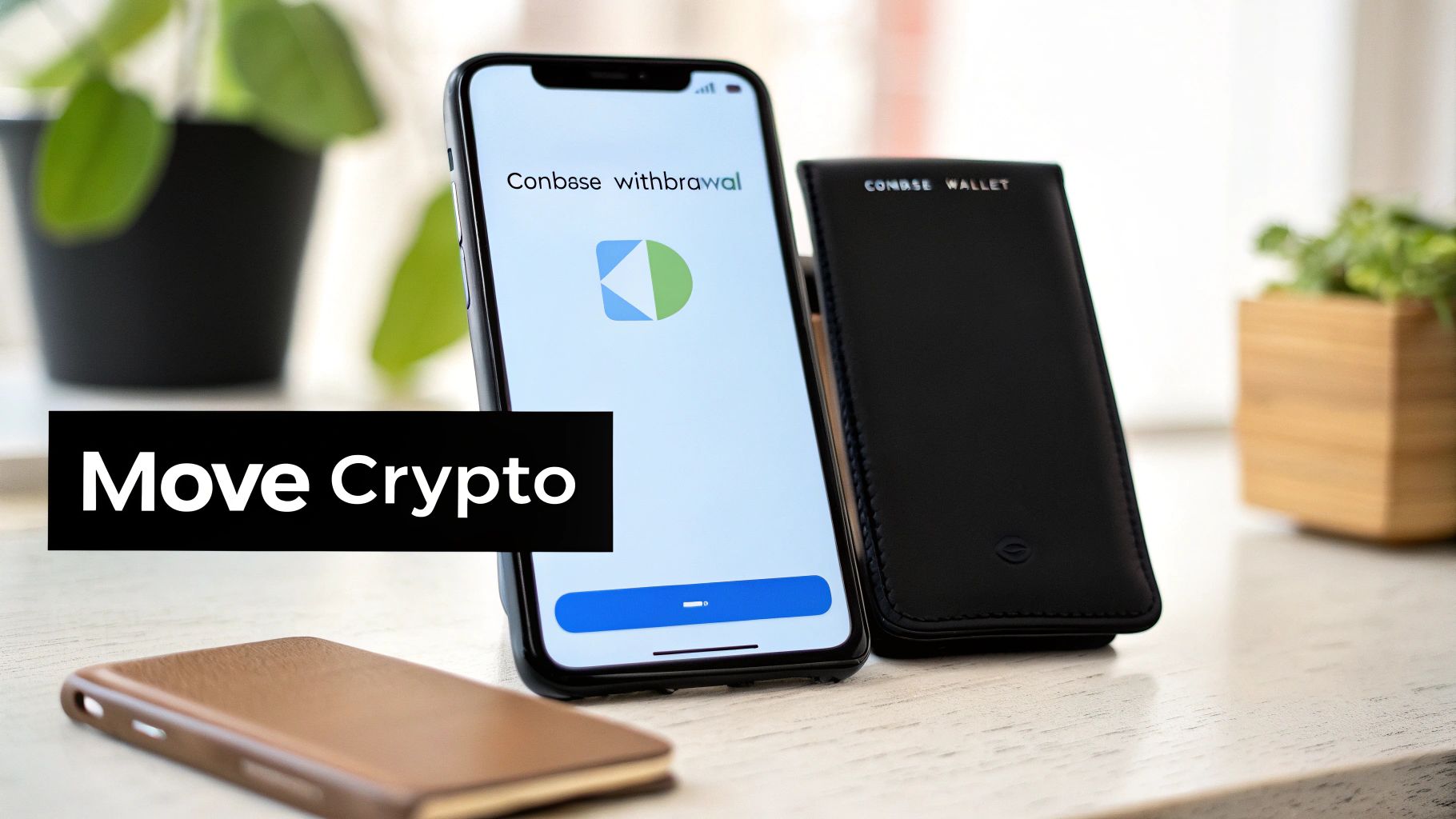 A smartphone displaying 'Coinbase withdrawal' app next to a black Coinbase Wallet on a desk.